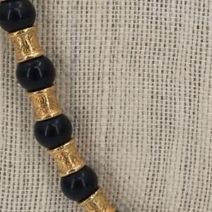 Vintage Rope Necklace MARKED LEI Gold hieroglyph style Slides w/ Black Beads